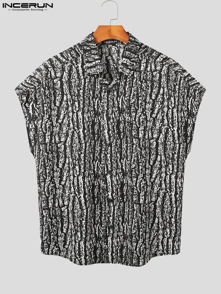 INCERUN Tops 2022 American Style New Men's Print Micro-permeable Mesh Blosue Casual Male Short-sleeved Lapel Button Shirts S-5XL