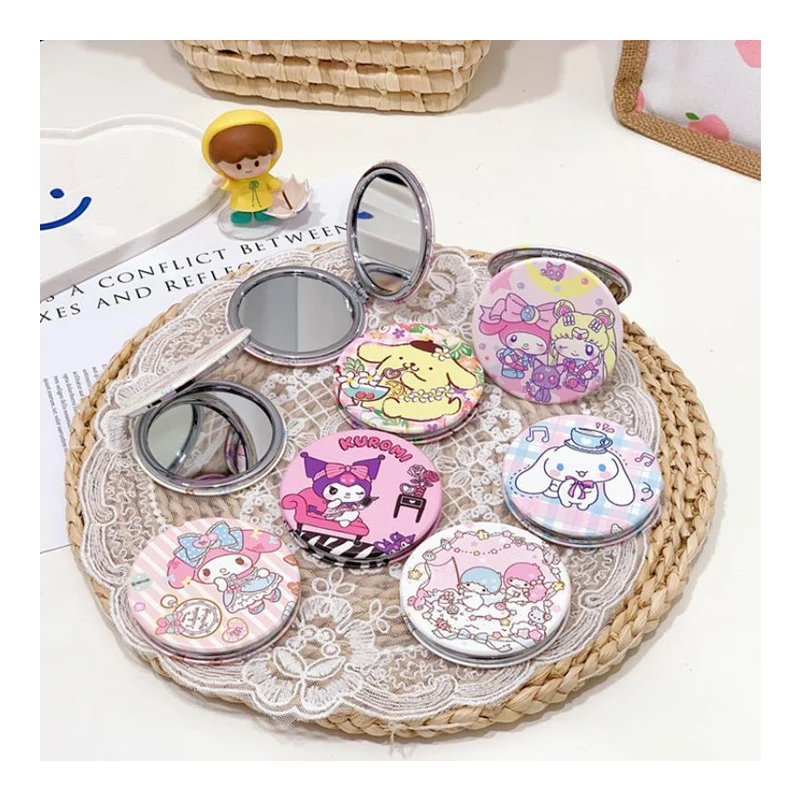 7 см Sanrios Новинка Kawaii Pu круглое складное зеркало удобно носить с собой Kuromi Mymelody Kitty
