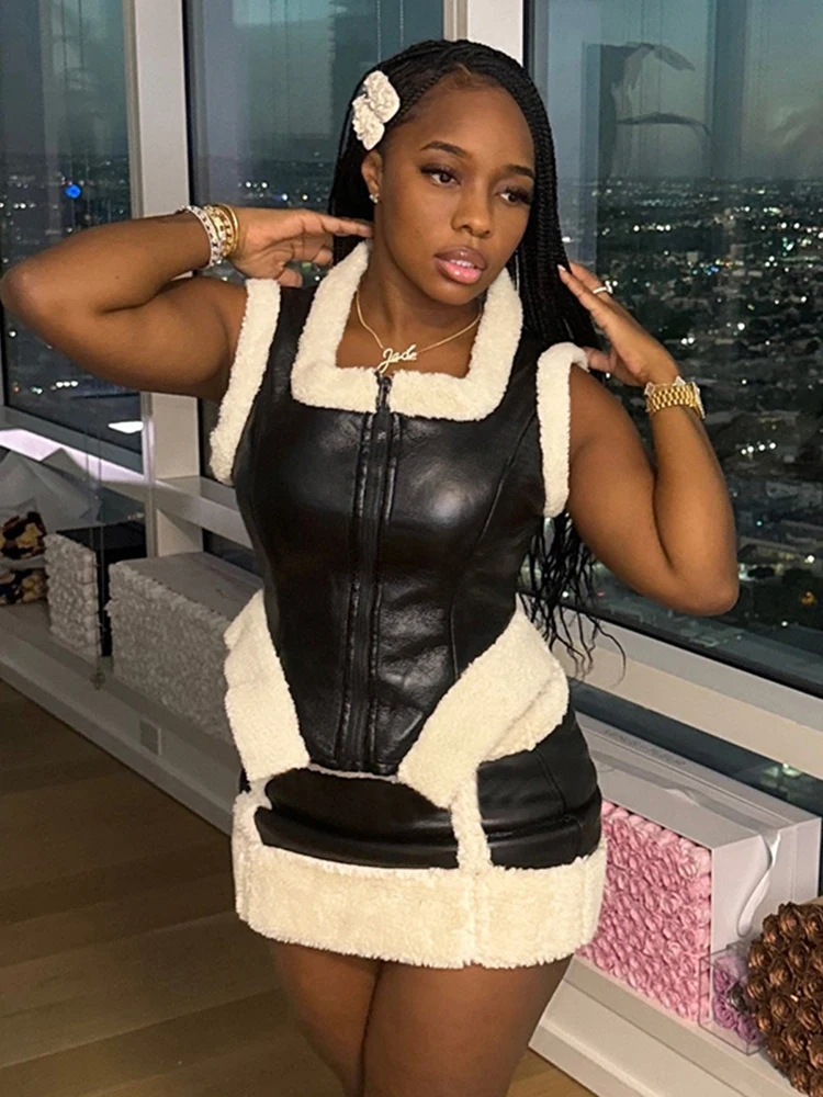 kliou PU Leather 2 Piece Set Women Matching Streetwear Patchwork Zip-up Crop Tanks+High Waist Mini Skirts Female Fashion Outfits