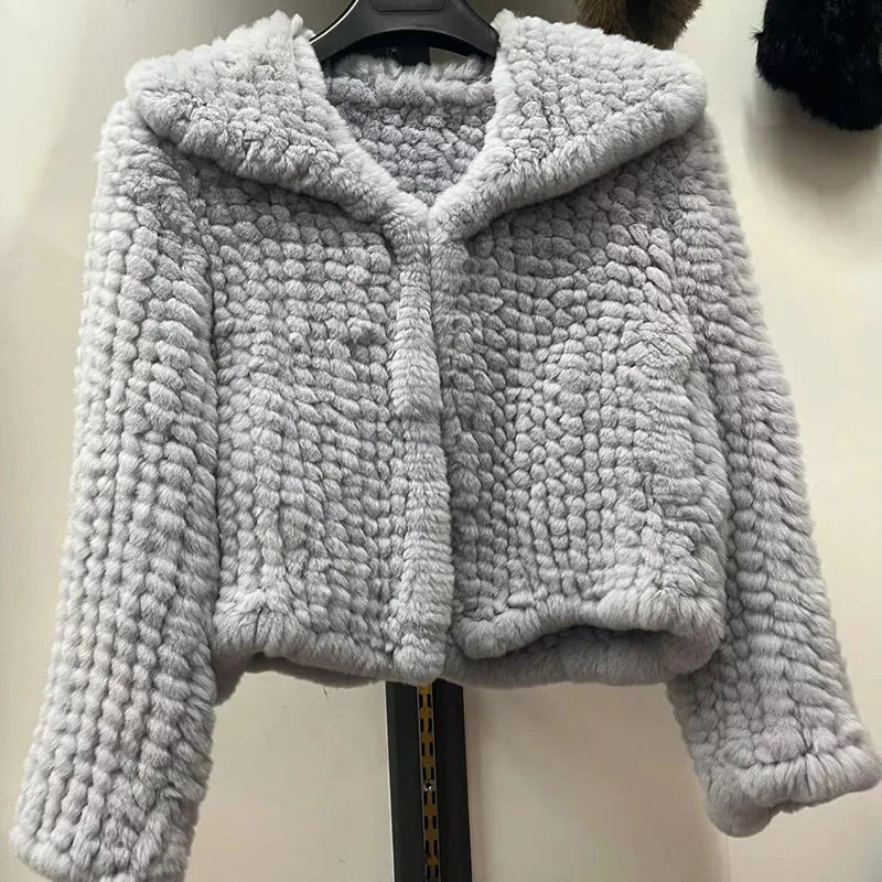 Winter Long Sleeve Knitted Rex Rabbit Fur Coat Fashion Warm Women Genuine Fur Jackets Female Natural Fur Outwear