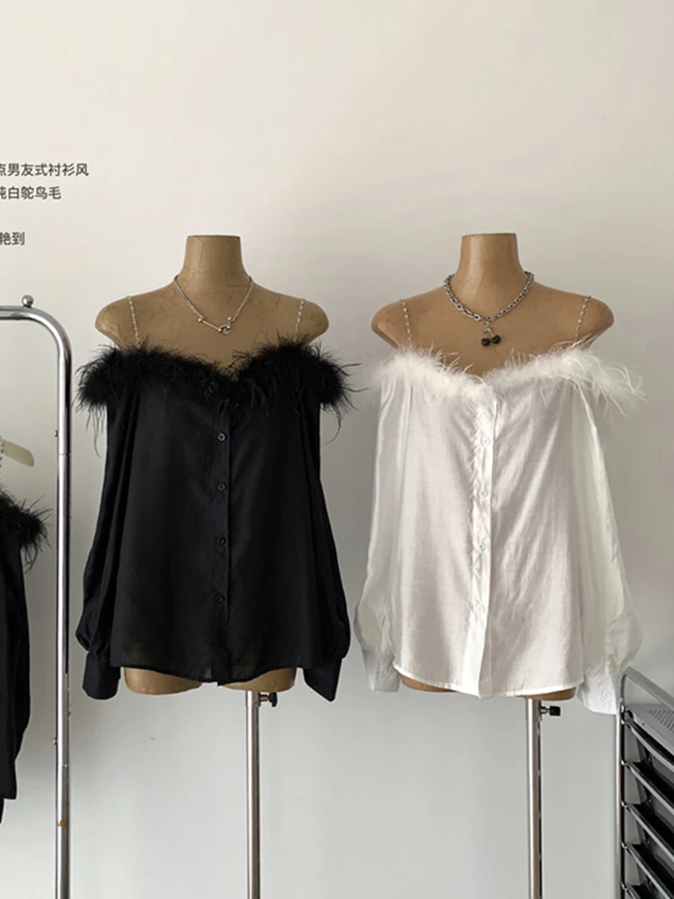 

Korean Women Sexy Ostrich Feather Slash Neck Long Sleeved Blouses Fashion Summer Solid Off Shoulder Removable Chain Crops Top