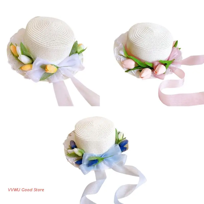 

Spring and Summer Lolita Style Outdoor Sunshade Flat Hat Fashion Tulips Decor Women Large Brim Foldable Tea Party