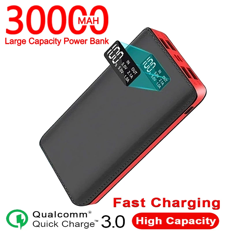 

LCD Digital Display Power Bank 30000mAh with LED Light 4USB Ports High Capacity Portable Outdoor Fast Charger for Samsung Xiao