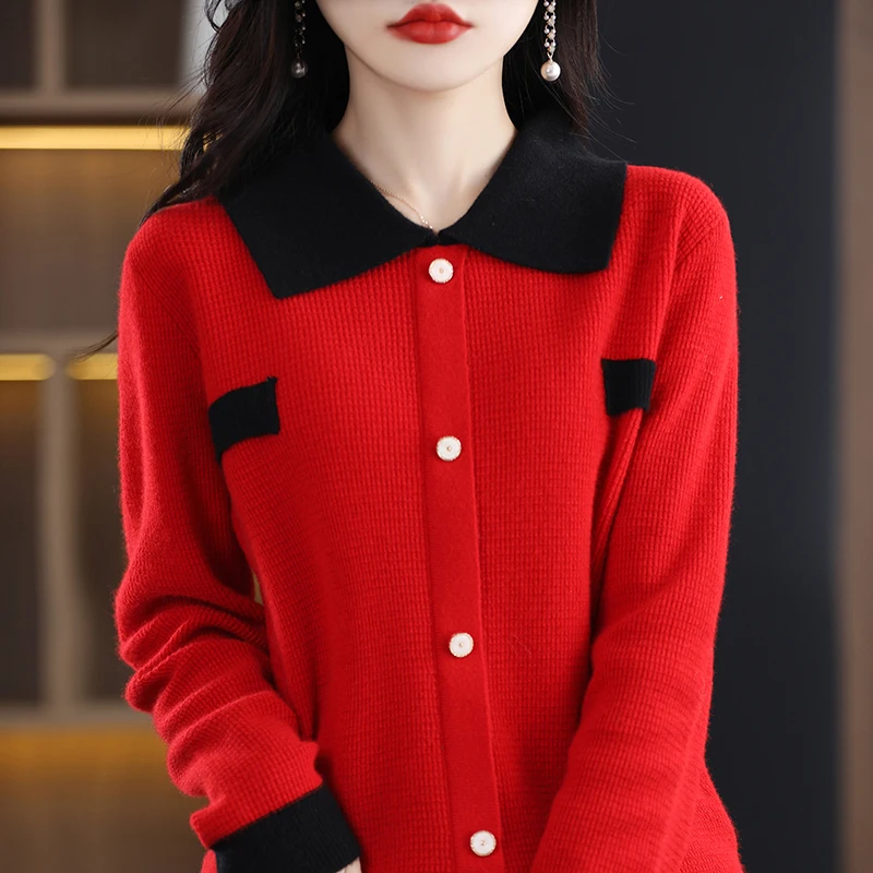 

2023 модный вязаный кардиган с цветными блоками, топы на весну и осень, новый женский пуловер с кукольным воротником, рубашка из 100% мериносовой шерсти