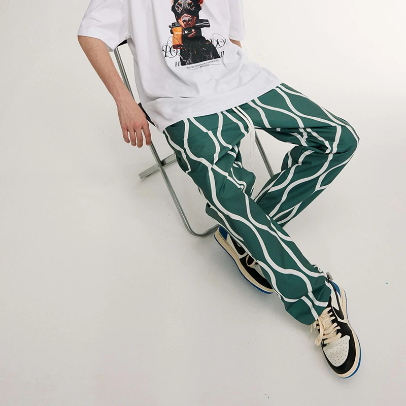 

Colorblock Wavy Lines Joggers for Mens Street Wear Fashionable Loose Casual Joggers Sweatpant Green Bottom Adjustment Pant Women