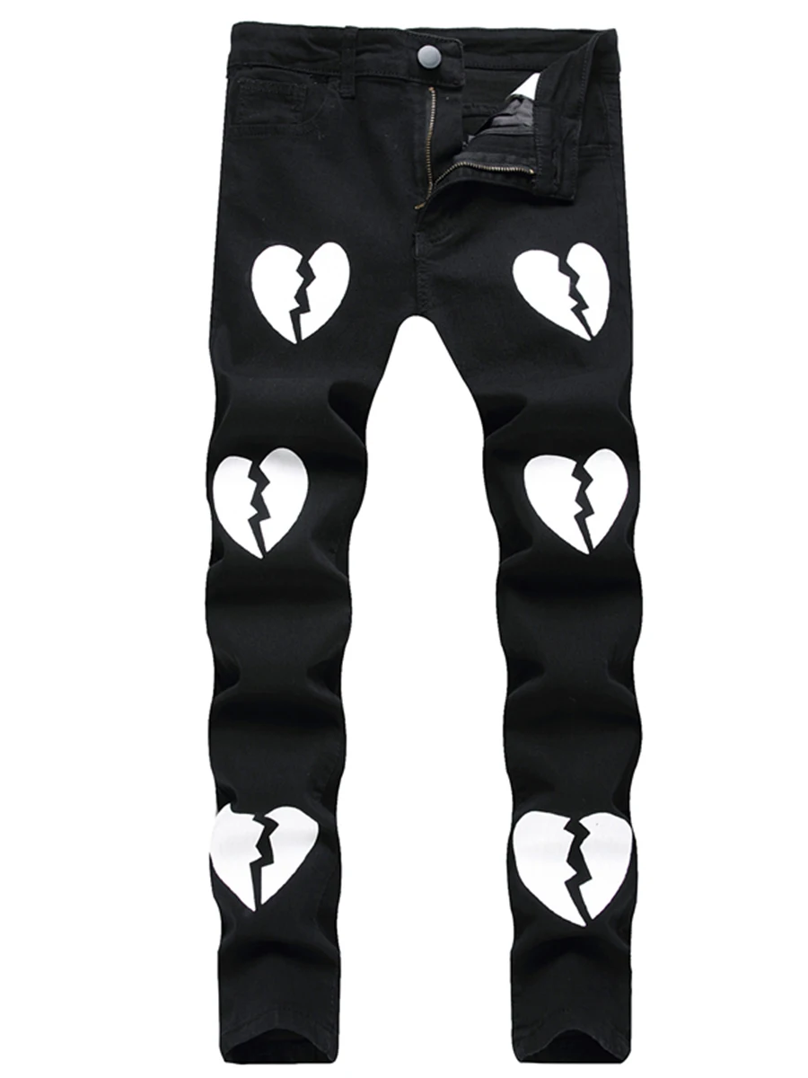 Four Seasons Men's Casual Digital Printing Black Jeans Slim Stretch Pencil Pants Mid Waist Hip Hop Streetwear Ins Hot Sale JEANS