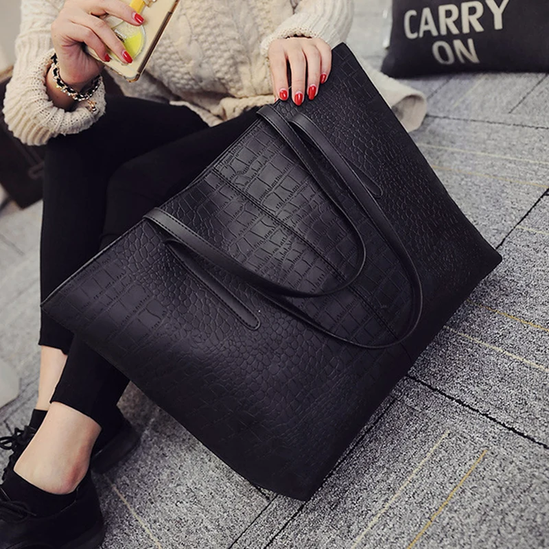 

Big New Women Shoulder Bags Alligator Ladies Leather Bags Casual women zipper handbags Famous Brands Totes black red colors