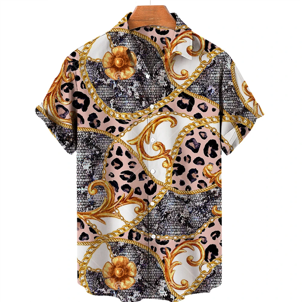 

Yaz erkek gömlek zincir leopar bask Vintage hawaii büyük boy Harajuku gömlek Hip Hop Unisex rahat moda ksa kollu üst