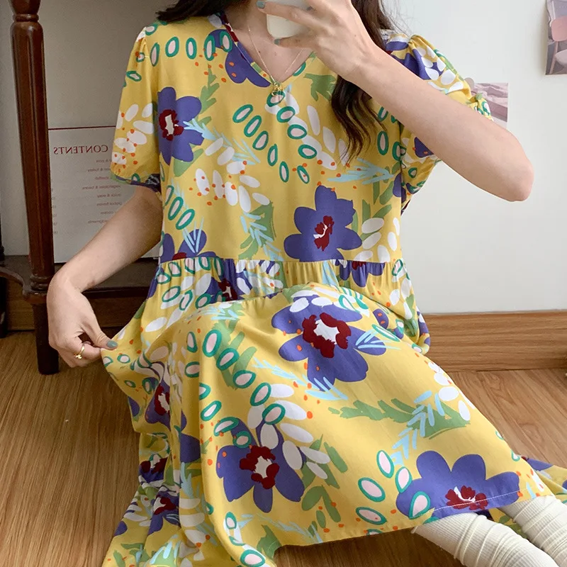 Night Dress Women Nightdress Summer Light Cotton Silk Pajamas Home Clothes Fat MM Loose Can Outside Nightdress Girl 100KG