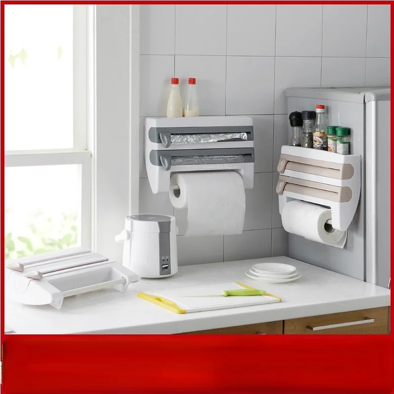 

Wall-mounted paper towel rack sauce bottle rack 4 in 1 cling film cutting rack multifunctional kitchen accessories storage rack