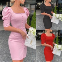 elegant puff shoulder buttoned mini dress women spring square collar office dress lady 2022 summer solid slim bodycon sexy dres