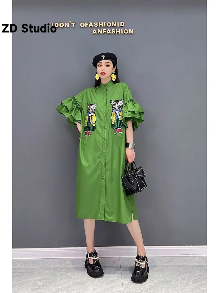 

[ZD Studio] 2023 Summer New Fashion Dress Casual Ruffle Sleeve Embroidery Loose Fitting Women's Fashion Trend