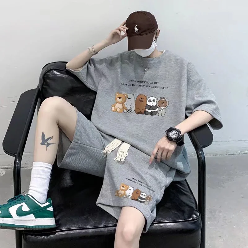 Summer Men Tracksuit Korean Fashion Streetwear Luxury Rock Short Suit Funny Bear Tshirt s Shorts 2 Piece Set Clothes For Men