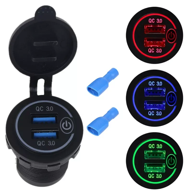 

Waterproof 12V 24V Dual QC3.0 USB Car Charger Adapter with On/Off Touch Switch LED Light for Mobile Phone GPS Truck SUV Boat Bus