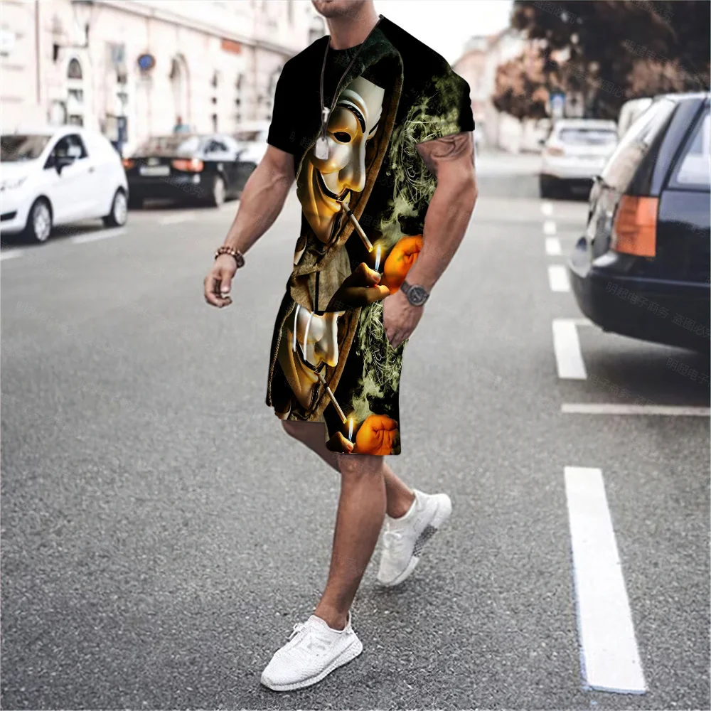 Personality Hip-Hop Men's Funny And Ferocious Devil Round Neck T-Shirt Shorts Sports Casual Punk Style Fried Street Two-Piece Se