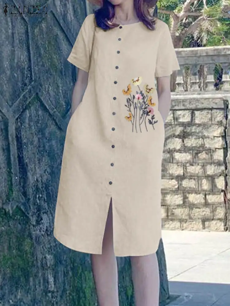 

Летнее винтажное женское платье-рубашка ZANZEA, повседневное свободное хлопковое праздничное платье миди, кафтан с коротким рукавом, сарафан с цветочной вышивкой