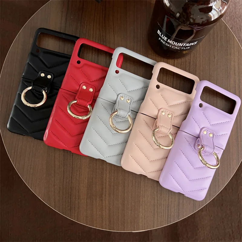 

Luxury Finge Ring Hinge Phone Case For Samsung Galaxy Z Flip 4 3 Cover Fashion Leather Solid Color Cases For Z Flip3 Flip4 5G