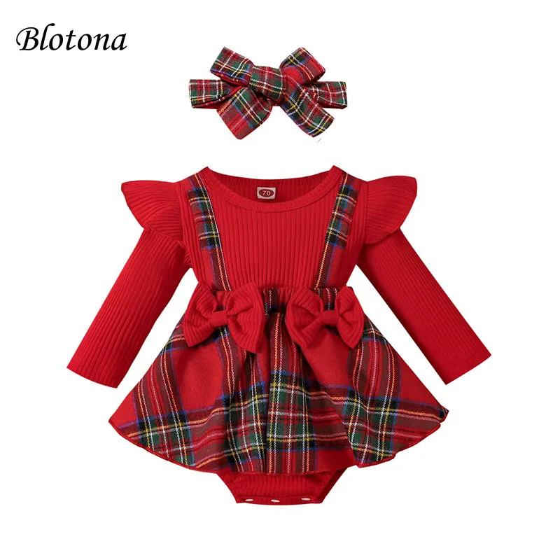

Blotona Baby Girl Christmas Romper, Long Sleeve O-Neck Plaid Knitting Loose Buttons Short Romper Shorts + Headband, 0-18Months