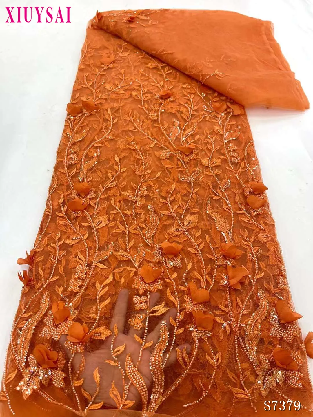 

Luxury African Mesh Fabrics Embroidery Sequins For Women Sewing Evening Dresses Orange Dubai Beading Lace Fabric 5 Yards Meters