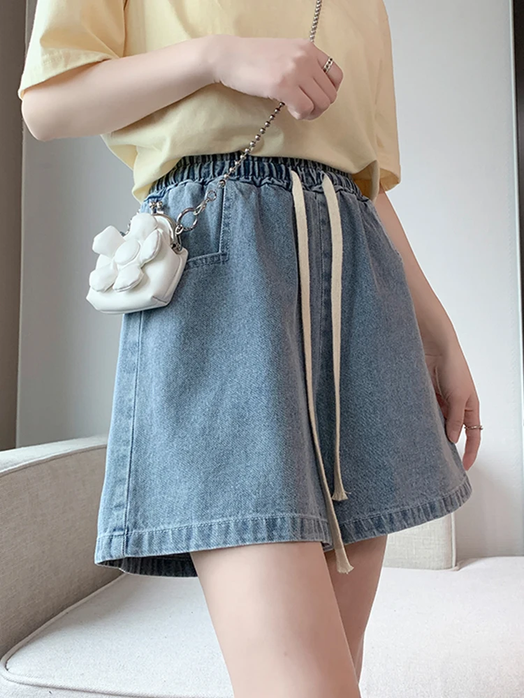 New Spring Summer Women Elastic Waist Loose Blue Denim Shorts Casual Female Wide Leg Lace Up Jeans Shorts Bottoms