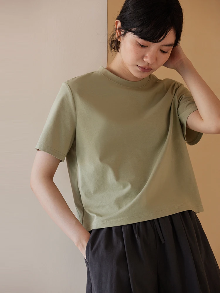 Miss Haitou Summer Avocado Sorona Long-staple Cotton Back Slit Design Short sleeve round Neck T-shirt Women