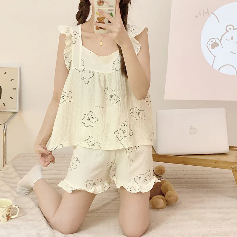 2023 New Summer Women Pajama Set Floral Printed Lace Gauze Cotton Pajamas Suspenders Sexy Night Homewear Sleeveless Sleepwear