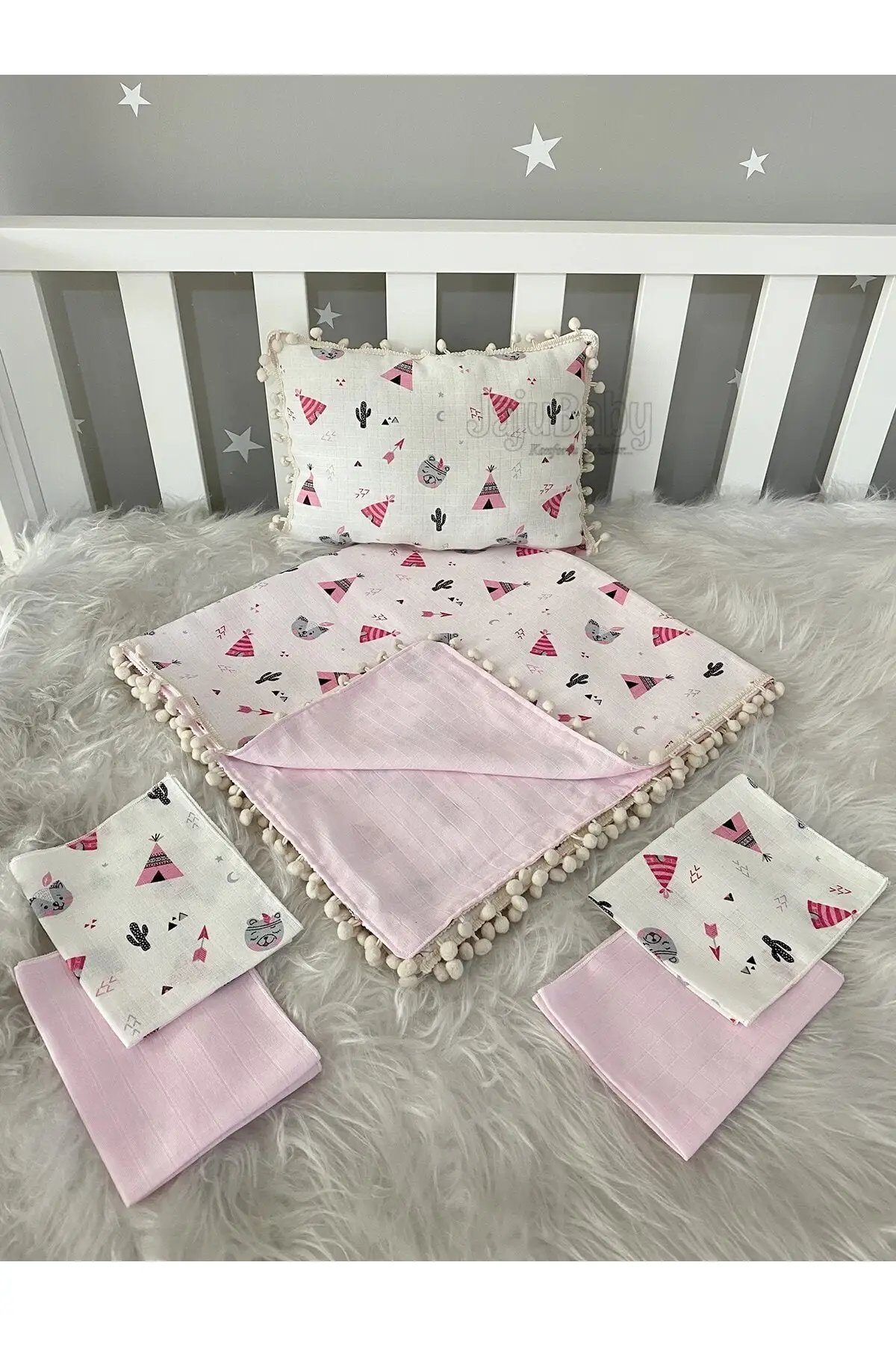 Pink Double-Sided Müslin Blanket Wipes And Pillow 6 Piece Set Park Bed & Playpen Child Supplies Mother Baby