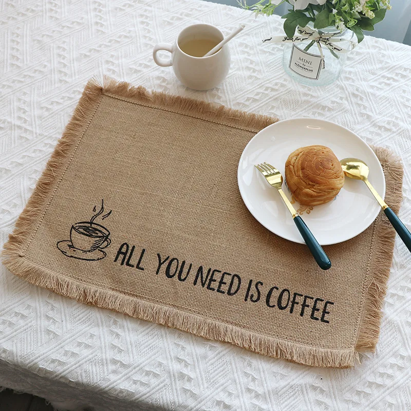 

Woven Placemats Jute Coaster Linen Dining Table Insulation Pad Square Jute Decorative Cushion