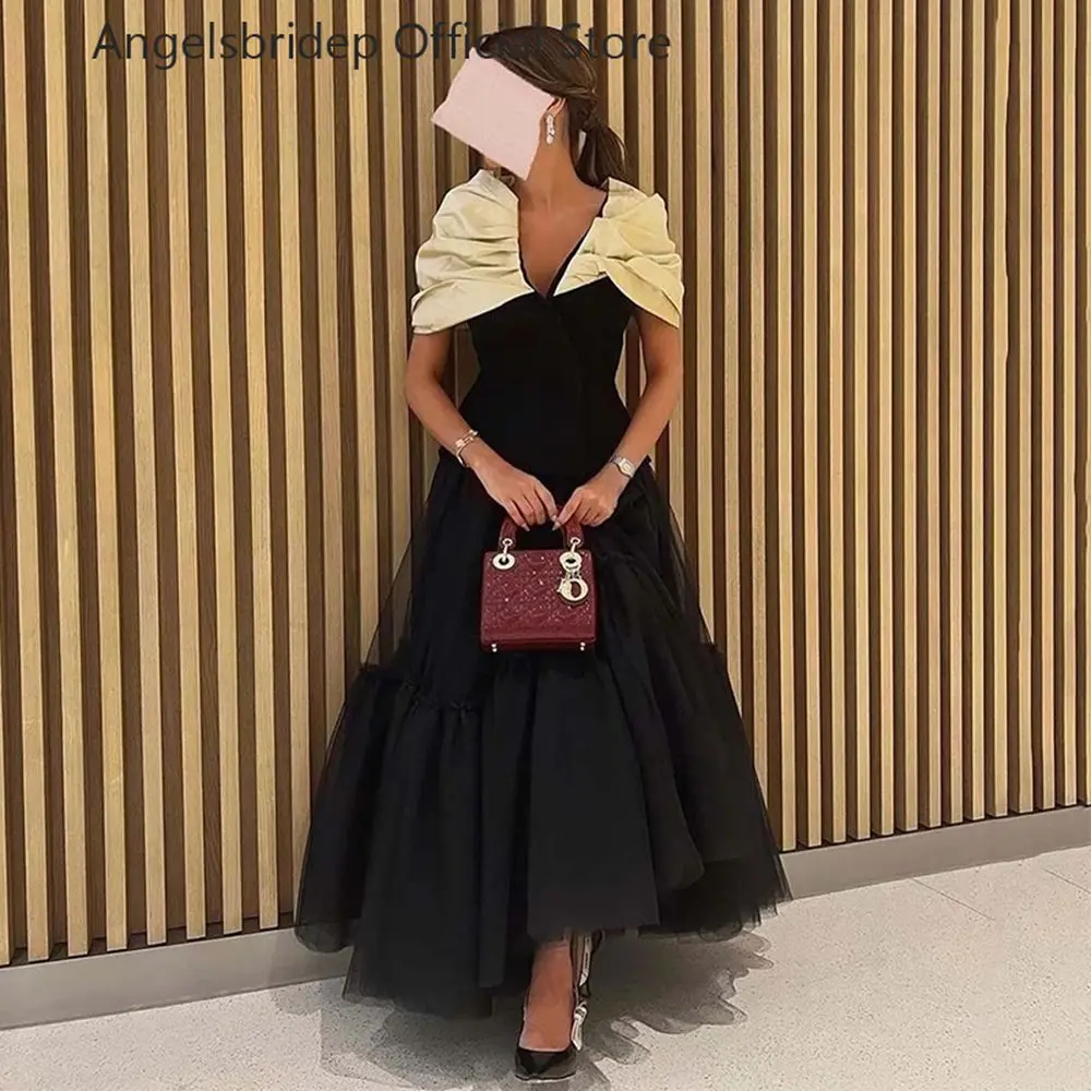 

Angelsbridep Black Tulle Saudi Arabia Prom Dress Formal Off Shoulder Women Evening Party Gowns Ankle Length Midi Celebrity Gown