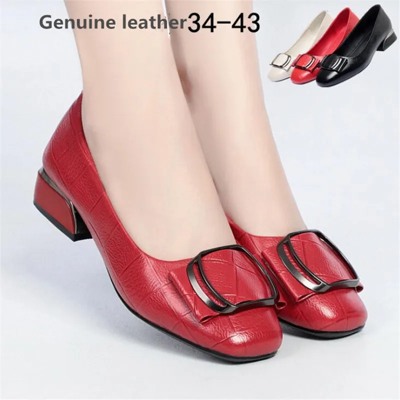 

Brand Shoes Thick Heel Ladies Pumps Genuine Leather Party Wedding Shoes Women Soft Cowhide Black Office Work Shoes
