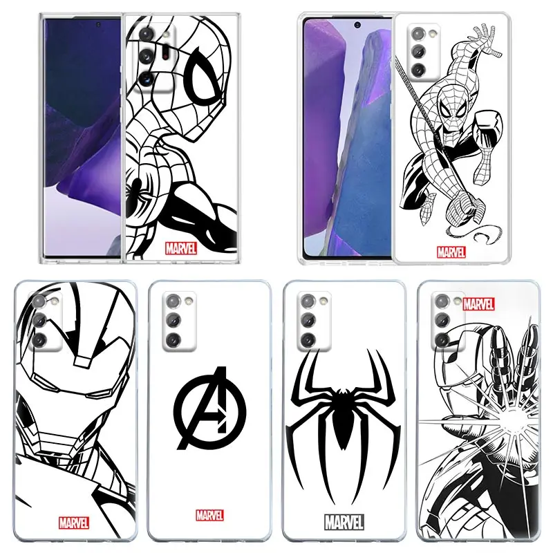 

Case For Samsung Note 20 Ultra 8 9 Plus Funda Galaxy A50 A70s A30 A20 A01 Case Clear Cover Marvel Spiderman Black White Line Art