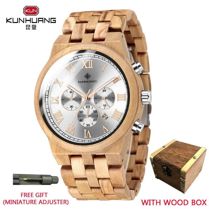 

KUNHUANG Top Brand Luxury Wooden Watch Men's Quartz Watch Chronograph Luminous Pointer Calendar Wooden Gift Box Montre homme