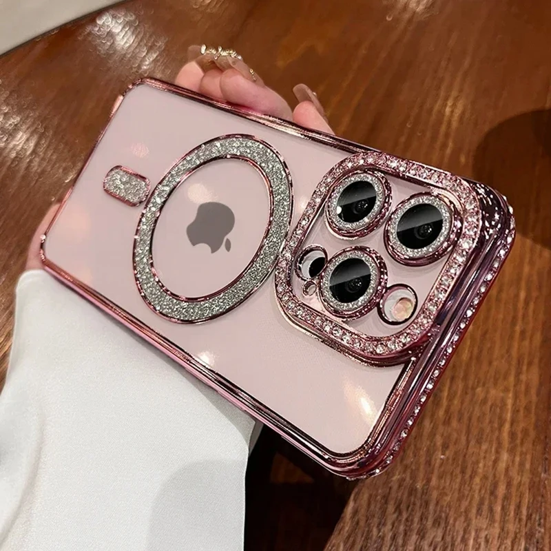 Прозрачный Магнитный чехол с кристаллами и блестками для iPhone 15 14 13 12 11 Pro Max Plus