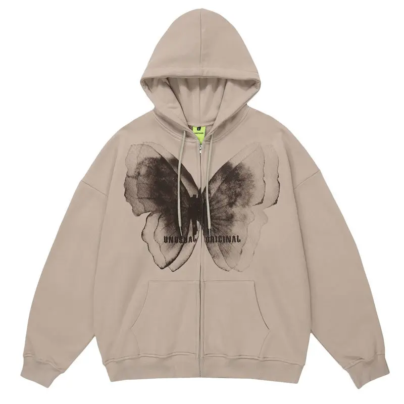 

Men Hoodie Sweatshirt Coat Hip Hop Retro Butterfly Print Full Zip Up Hooded Men Autumn Harajuku Fashion Casual Loose Zipper Coat