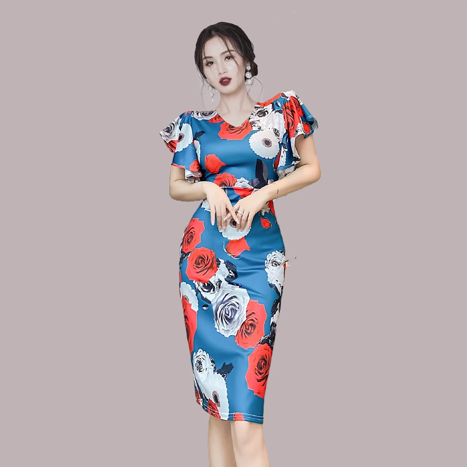 

Elegant Women V Neck Flower Print Bodycon Dress 2022 New Fashion Summer Floral Ruffles Sleeve Ladies Slim Sheath Knee Vestidos