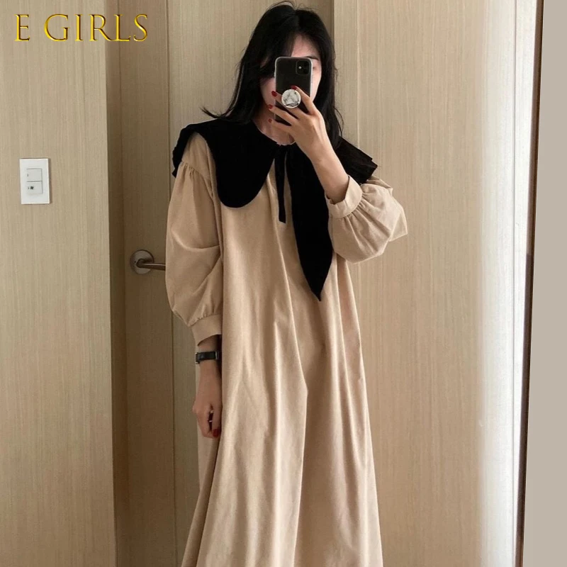 

E GIRLS Vintage Women Dress Autumn Irregular Turn-down Collar Lantern Sleeve Contrast Color Loose Solid Dresses Elegant New