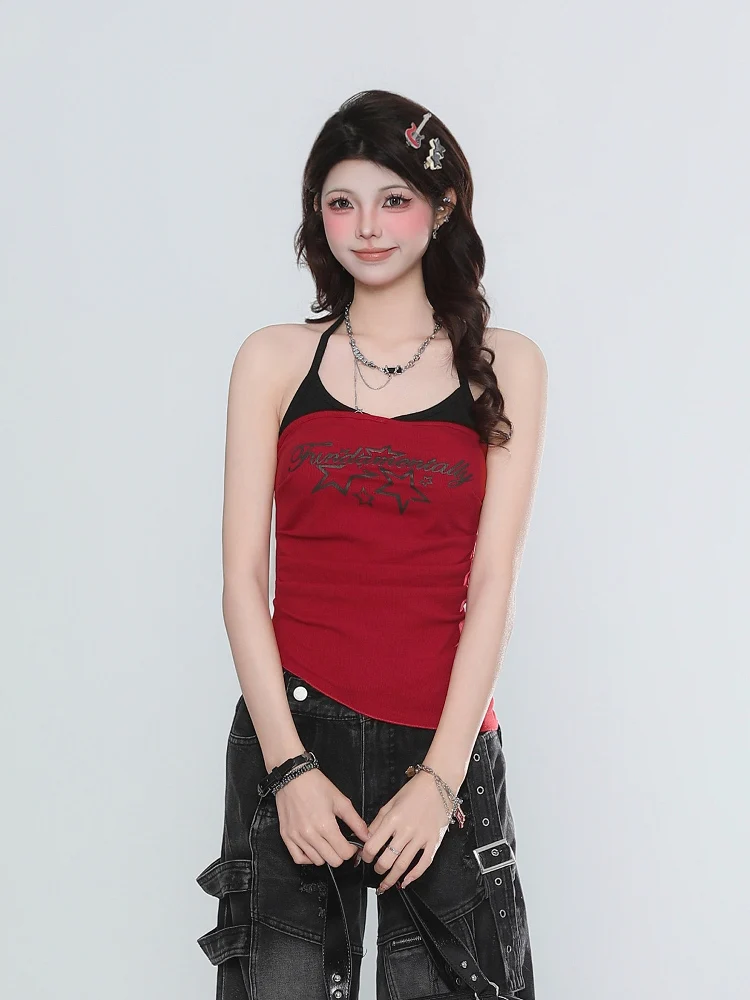 Summer New Sle Women's Tank Top Color Block Letter Print Slim Fit Vest Fashionable Trendy Cotton Blend Short Sleeve T-Shirt |
