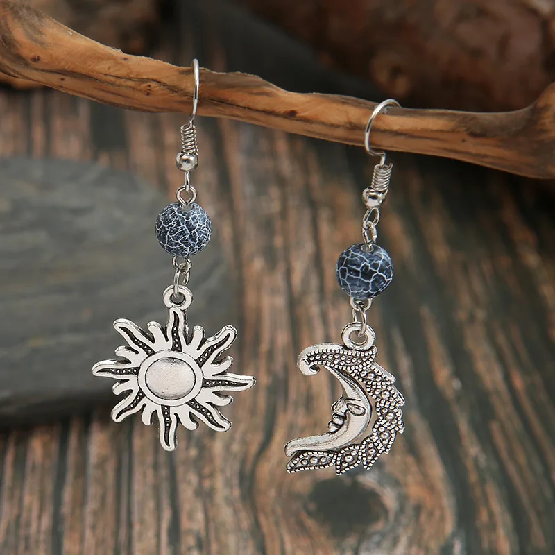 

Boho Vintage Sun Moon Earrings Grey Stone Beads Asymmetric Sun Moon Earrings