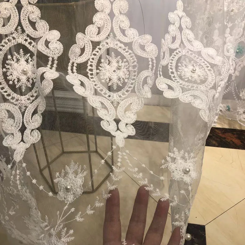 

Elegant White Pearls Tulle Curtains for Living Room 3D Embroidery Aesthetic Beads Window Drapes for Balcony HM907#VT