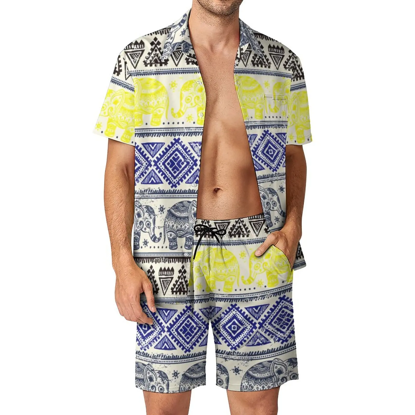 

Vintage Elephant 80S Men Sets Tribal African Draw Funny Casual Shirt Set Short Sleeve Shorts Summer Vacation Suit Plus Size