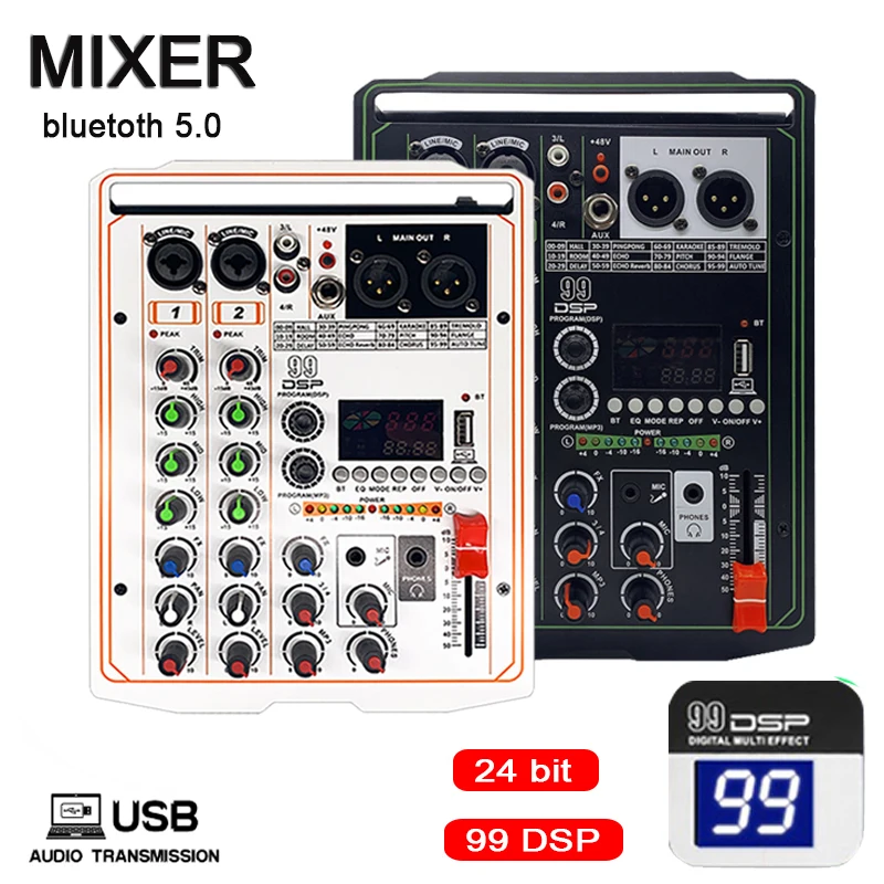 

Звуковой микшер 99 DSP, 4-канальный портативный DJ-микшерный пульт, USB-интерфейс, компьютерная запись, 48 В, монитор с фантомным питанием