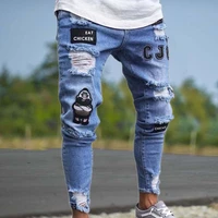 four seasons youth fashion jeans mens tight stretch pencil pants denim cotton frayed sports letters trousers badge mens pants