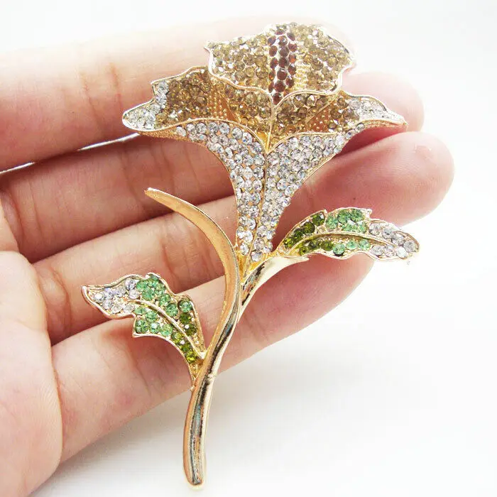 

Vintage Brown Austrian Crystal Orchid Flower Woman's Brooch Pin Gold Tone Gifts