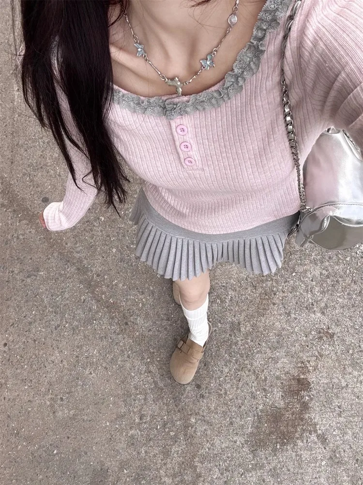 Нежный мягкий розовый кружевной свитер женский новый осенне-зимний