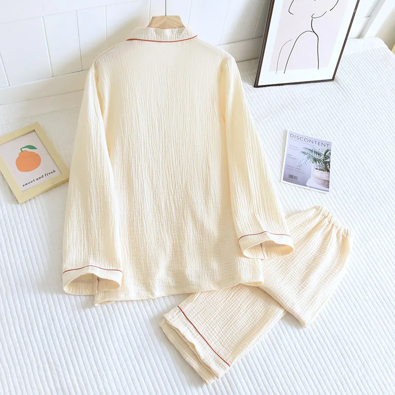 Embroidered Kimono Pajama Set Female Japanese-style Four Seasons Thin Soft Crepe Two Long-sleeved Trousers Lace-up Loungewear Pj