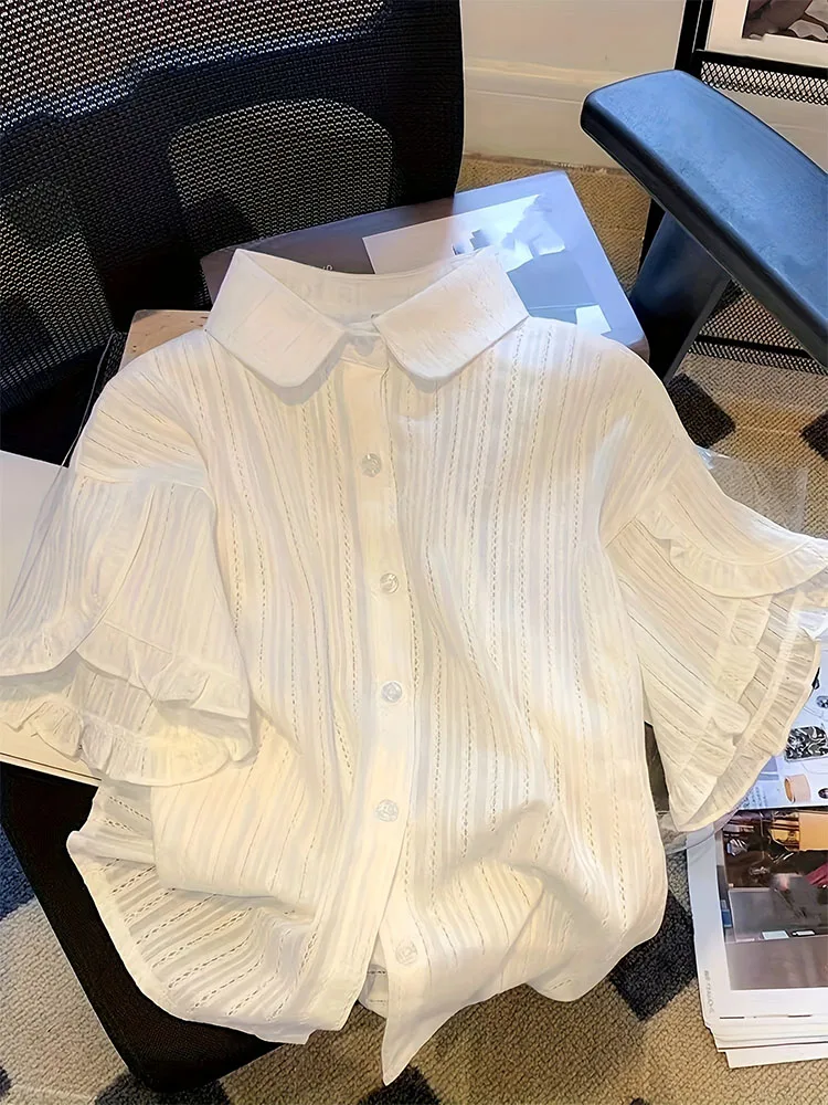 Осень 2024 бежевые шифоновые рубашки с расклешенными рукавами женские милые