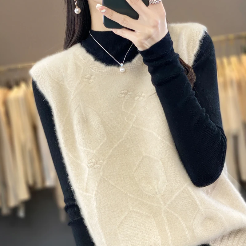 Осень-зима 2024 новинка женский свитер из 100% мериносовой шерсти без рукавов