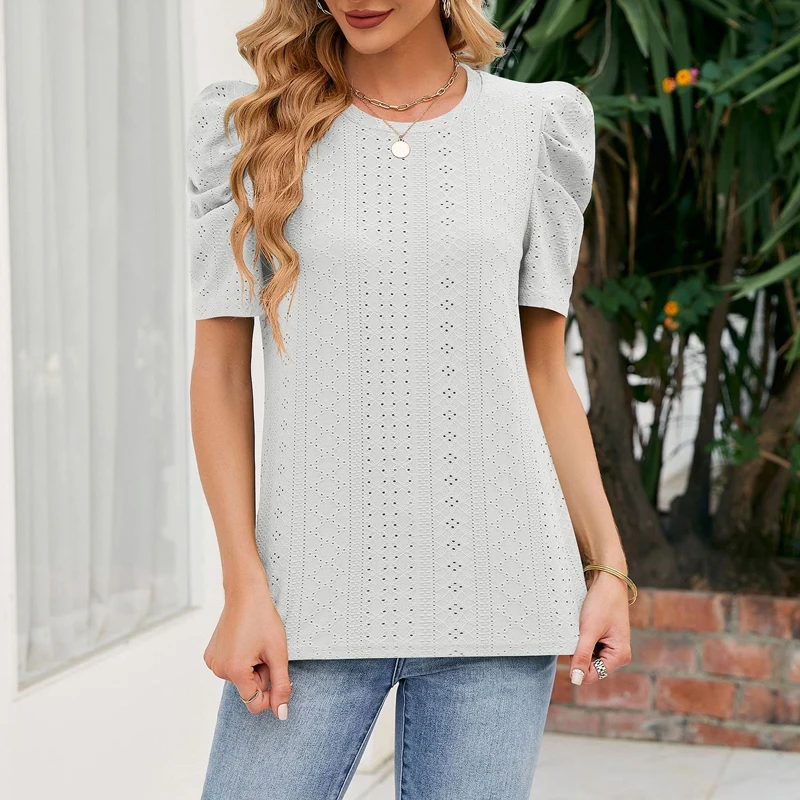 

Fashion O-neck Hollow Blouse Short Pile Up Sleeve Tops Elegant Office Lady Loose White Shirt Summer Women Clothes Blusas 26482