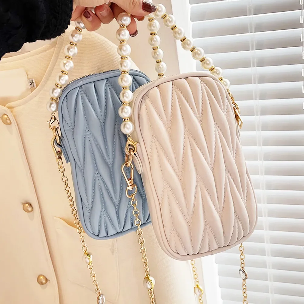 

Chain Bag PU Phone Brand Pearl Shoulder Rhombus Women Quilting Pattern Mini Wallet Female Leather Luxury Pouch Design Purse