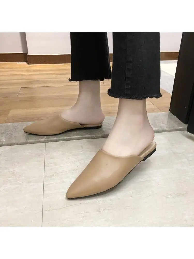 

Spring and summer 2022 new leather pointed flat half slippers Korean women's shoes fashion western style casual casual versatile
